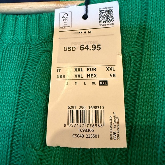 Piombo Men’s XXL Green Cotton Cable Knit Sweater – Classic Knitwear - Picture 2 of 3